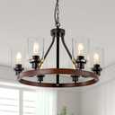 6-Light Farmhose Chandelier for Dining Room Light Fixture Faux Wood Kitchen Pendant Light Round Rustic Ceiling Hanging Lighting with Glass Globes Adjustable Height Metal E26