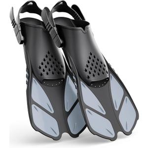 Greatever Snorkel Fins Adjustable Buckles Open Heel Swim Flippers Travel Size Short Swim Fins for Snorkeling Diving Swimming Adult Men Womens L/XL (Grey)