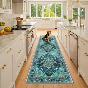RELEANY Area Rugs 2'6''x8' Runner Rug Non Slip Washable for Kitchen Hallway Bedroom Beside Laundry Room Bathroom Rug, Floor Carpet, Teal Green Lake Blue Turquoise