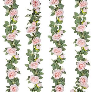 TELDRASSIL 2Pcs(26 FT) Artificial Rose Vine Fake Flower Garland Fake Silk Rose Hanging Vine for Wedding Party Background Arch Garden Background Decoration (Pink)