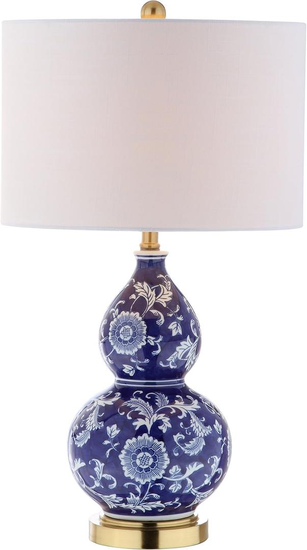 JONATHAN Y 27" Blue/White Ceramic Chinoiserie Table Lamp, Traditional Floral Double Gourd Vase Lamp with White Linen Drum Shade, Brass Gold Base, LED Bulb Included JYL3003A