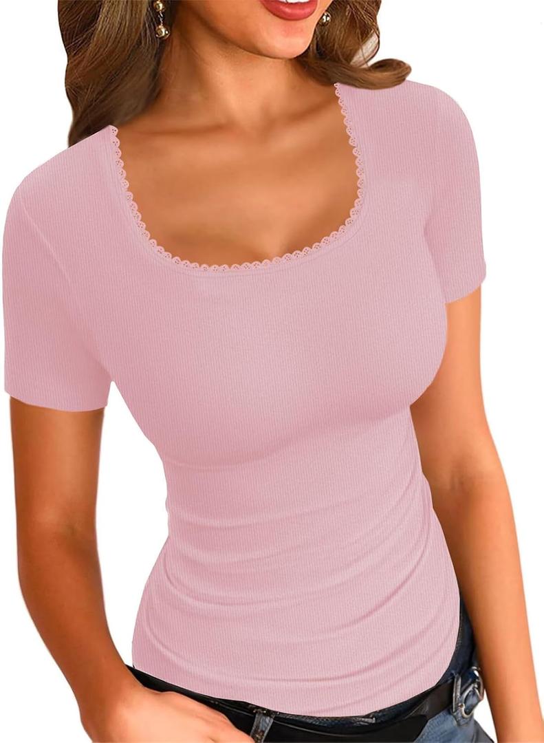 LOLONG Womens Short Sleeve Ribbed T Shirts Summer Casual Square Neck Lace Patchwork Tops (Pink)