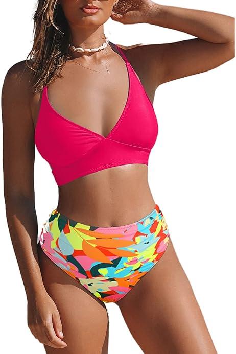 popvil High Waisted Bikini Sets: Hot Pink Women's Tummy Control Swimsuits Sexy V Neck Two Piece Bathing Suit with Ruched Flower Bottoms, XL