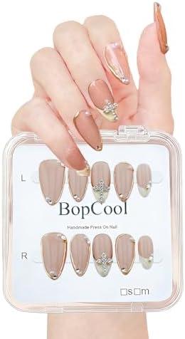 Luxury Handmade false nails，3D Gold French Cross Press-On Nails – Medium Almond Shape False Nails with Rhinestone Embellishments, Elegant Reusable Stick-On Nails(10PCS-M)