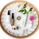 i-lan 12" Round Mother of Pearl Inlay Rattan Display, Rattan Coffee Bread Serving Tray with Mother of Pear Inlay Wooden Base,Decorative Wicker Basket for Table Decor,Storage of Fruit,Candy