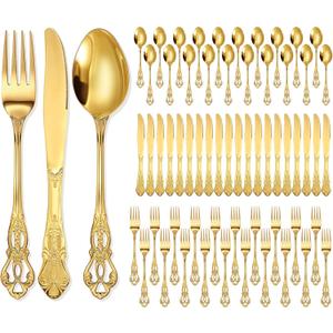 Dandat 60 Pieces Retro Royal Gold Silverware Set Gorgeous Stainless Steel Flatware Cutlery Include Fork Spoon Knife Vintage Hollow Relief Design for Home Wedding Bridal Shower Tea Parties (Large)