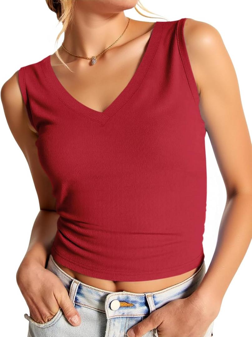 Imily Bela Womens Ribbed Tank Tops Summer Slim Fit V Neck Tops Casual Basic Knit Sleeveless Shirts (Red, XL)
