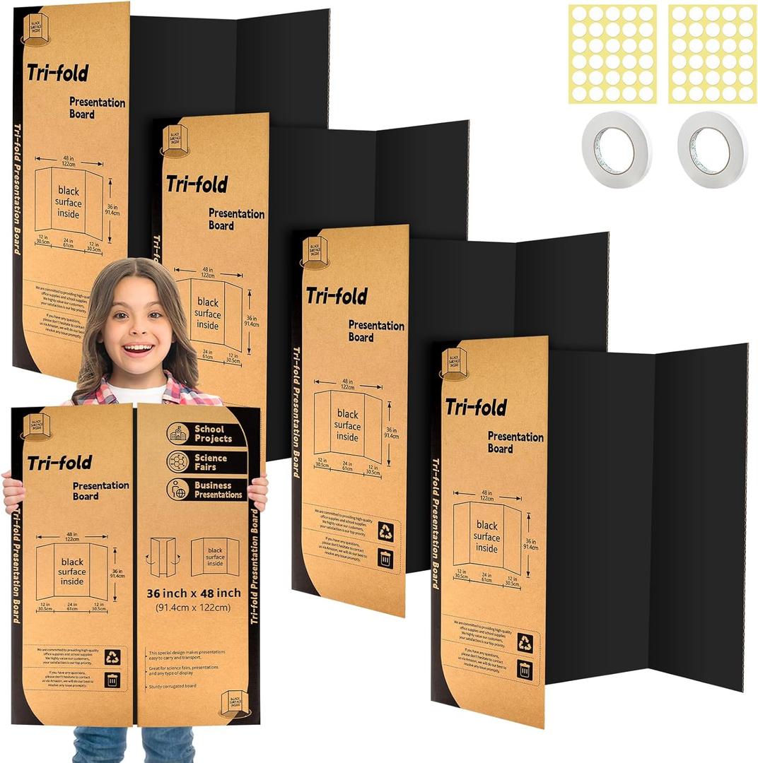 4 Pack Trifold Poster Board 48" X 36", IKAYAS Black Poster Boards, Science Fair Display Boards Posterboard Foamboard for Mounting, Prints,Art,Display,Projects Classroom Supplies