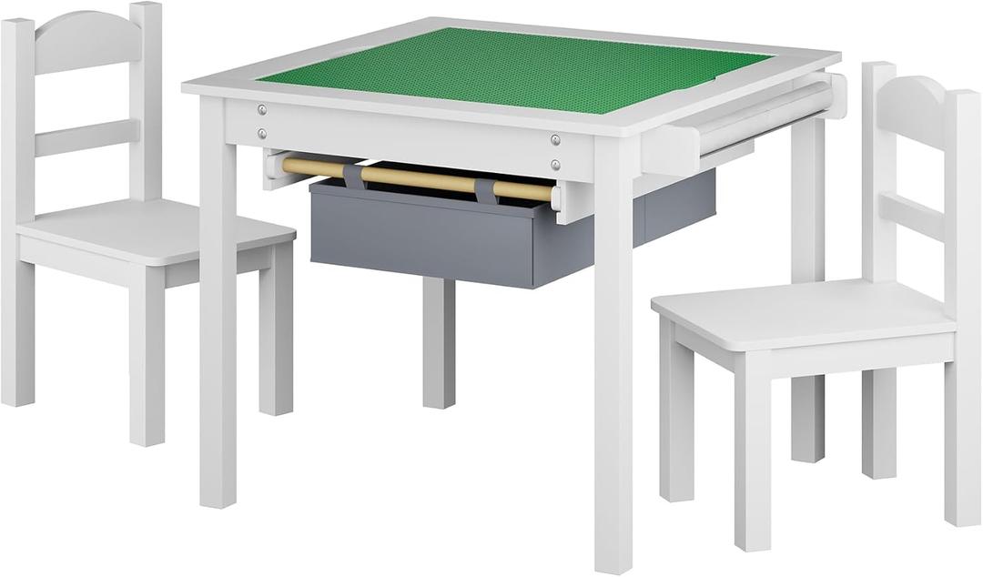 Treocho Wooden Kids Table and Chair Set with Reversible Tabletop, 2 In 1 Toddler Desk with Storage Drawers, Kids Activity Table with Blocks Building Baseplate for Playing, Reading, Drawing, White