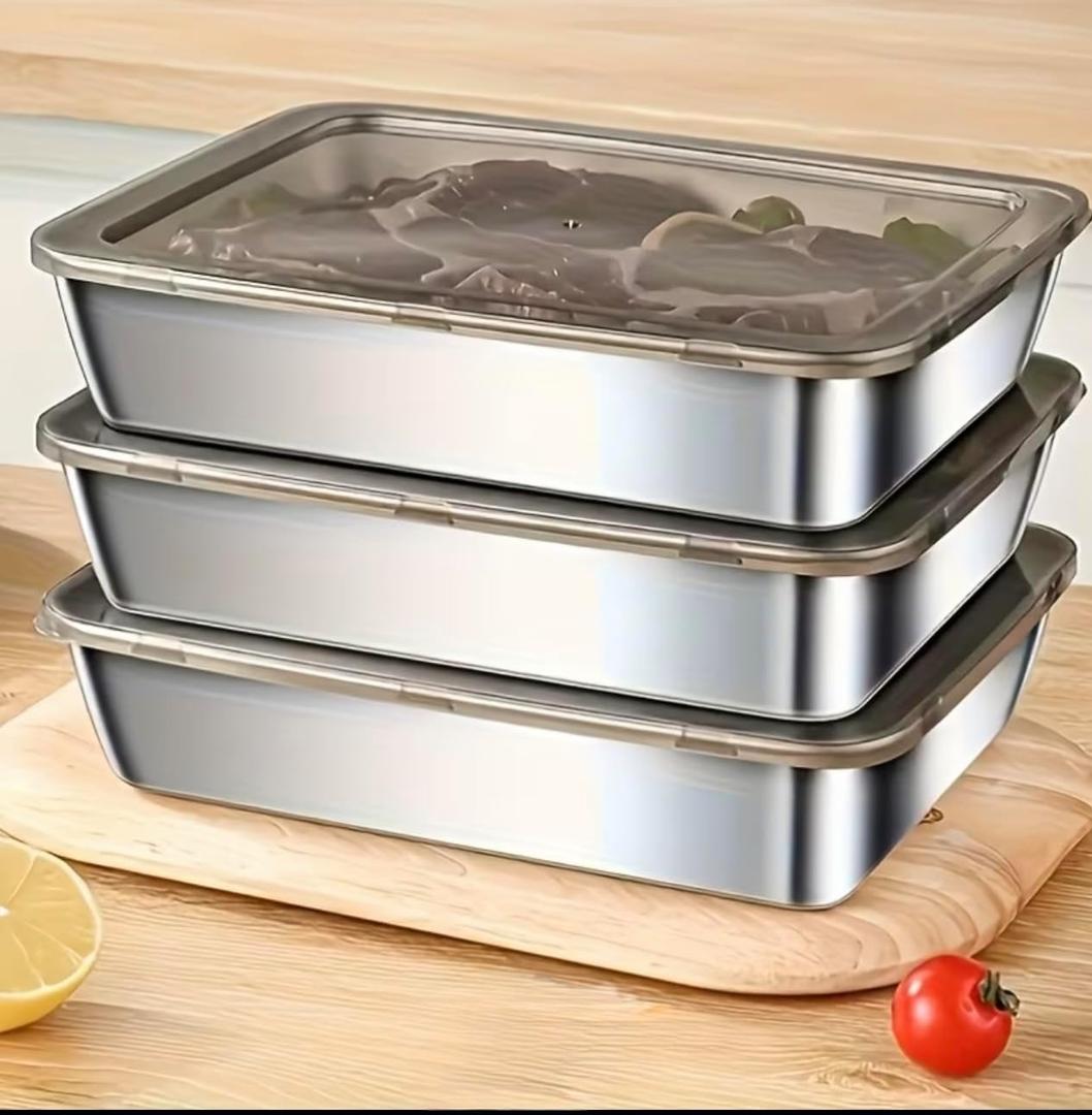 Stainless Steel Food Storage Containers with Lids, 3-Piece Set, Rectangular, Leakproof, Dishwasher Safe, Microwave and Refrigerator Safe