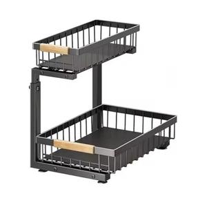 LPNPMFumela Under Sink Organizer, 2-Tier Slide-Out Cabinet Organizer Shelf, Height Adjustable Metal Pull-Out Storage Rack with Wood Handle for Kitchen & Bathroom Cabinets (Black)
W0625449