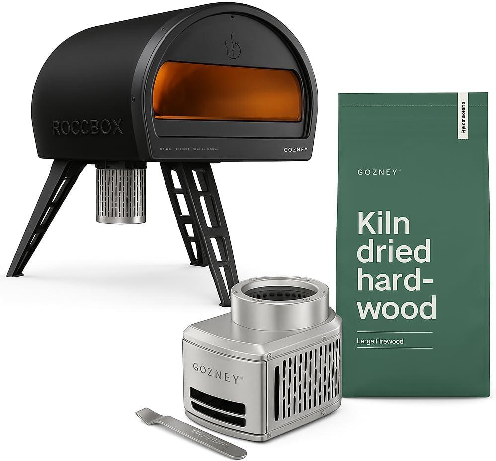Gozney Roccbox Outdoor Pizza Oven Bundle, Black  Includes Wood Burner 2.0 & Kiln-Dried Ash and Beech Hardwood Fuel for Authentic Wood-Fired Cooking