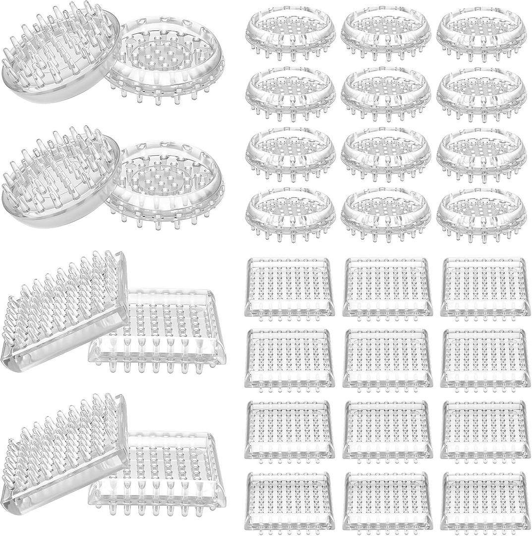 JJUNW 32Pcs Carpet Protector, Spiked Plastic Caster Cups Clear Round and Square Spiked Furniture Cups for Chair, Table, Sofa, Bookcases Furniture
