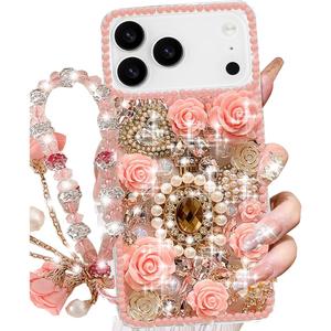 Changjia for iPhone 17 Pro Max Glitter Bling Case,Cute Luxury 3D Sparkle Queen Crystal Rhinestones Flowers Diamond Pearl Gems with Lanyard Wrist Strap Women Girls Phone Case for iPhone 17 Pro Max,Pink