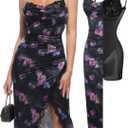 Popilush Shapewear Corset Dress Women's Satin Ruched Midi Dress Cocktail Date Night Classy Dresses with Lace Trim Bra (Medium, Floral)