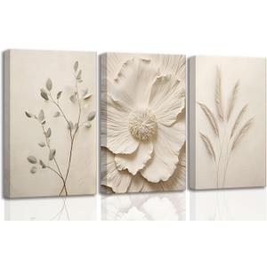 3Pcs Neutral Beige Floral Plant Canvas Wall art Textured Flower Botanical Painting Picture Wall Decor Vintage Blossom Poster Prints for Living Room Bedroom Bathroom Decoration