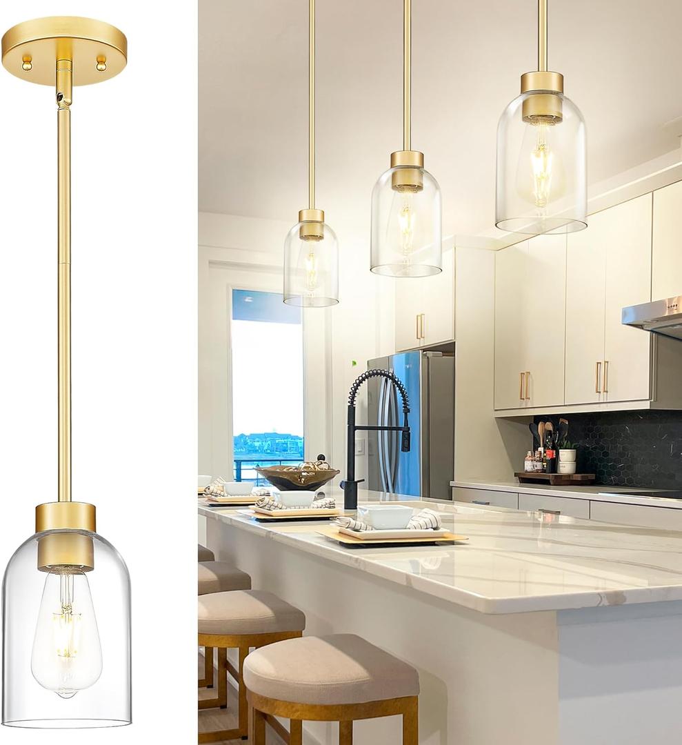 Emak Mini Pendant Lights Kitchen Island, Gold Pendant Light with Clear Glass Shade, Modern 1 Light Hanging Lights for Bedroom, Kitchen Island, Bathroom, PL123-GD
