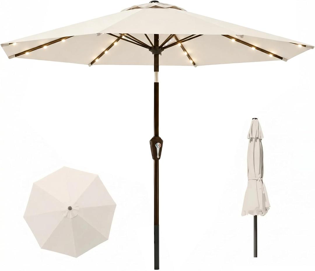 11FT Solar Lighted Patio Umbrella, Outdoor Table Market Umbrellas with Crank Lift, 32 LED Lights, 8 Sturdy Ribs, UV-Resistant for Deck, Garden, Pool