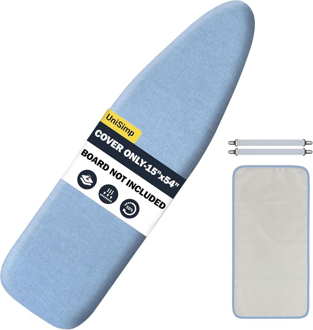 UniSimp Ironing Board Cover and Pad 15"x54" Extra Thick Natural Cotton, Scorch and Stain Resistant Padding, Standard Size Iron Board Cover with Fasteners Heavy Duty Elastic Edge, Heatproof Blue