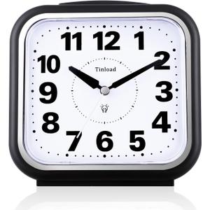 Tinload 5.5" Large No Ticking Analog Alarm Clock,Silent Readable for Seniors,Easy to Set,Gradual Rise Alarm,Big Numbers,Gentle Wake,Snooze, Lighted on Demand,Battery Operated,Black