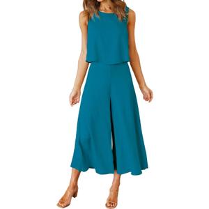 ROYLAMP Women's Summer 2 Piece Outfits Round Neck Crop Basic Top Cropped Wide Leg Pants Set Jumpsuits (Blue, M)