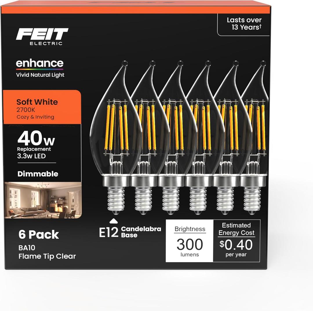 Feit Electric 40-Watt Equivalent CA10 LED Light Bulb, Dimmable Enhance Glass Candelabra Filament, 300 Lumens, 13 Yrs. Lifetime, 2700K Soft White, 6-Pack - CFC40/927CA/FIL/6