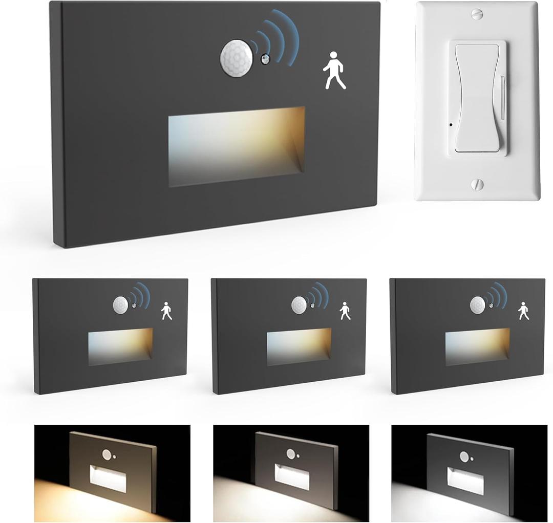 4 Pack Motion Sensor Stair Lights Indoor Outdoor,Dimmable Motion Activated Step Lamp 3000K/4000K/6000K,Hardwired 120V 4W IP65 Waterproof Outside Stairway Light,Led Staircase Lights- Black
