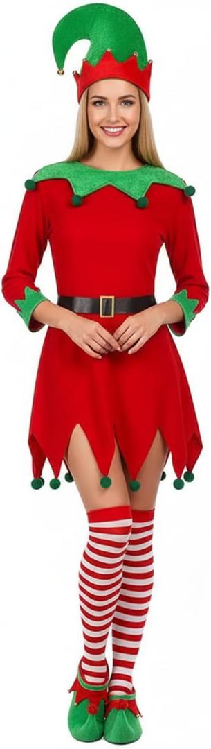 Syhood 5 Pcs Women Christmas Elf Costume Set Santa's Helper Costume Elf Outfit Velvet Dress Hat Shoes Belt Striped Stocking(S,Classic,Red)