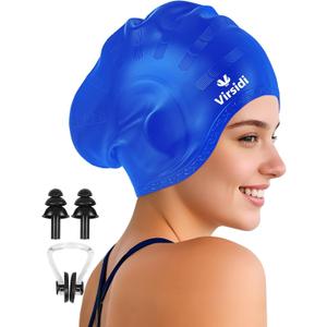 Swim Cap for Long Hair, Silicone Swimming Cap for Adult Women Men with 3D Ear Protection, Waterproof Large Swim Hats Bathing Caps to Keep Hair Dry with Ear Plugs Nose Clip