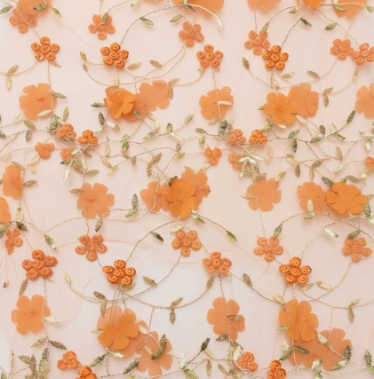 Floral Applique Burnt Orange Fabric, 34" x 62"