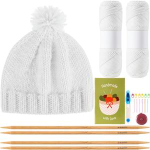 Maasechs Knitting Kits for Beginners Adults Complete Hat Knit Set with Yarn Bamboo Needles Starter Crochet Kit with Full Knitting Crochet Accessories for Women and Men (White)
