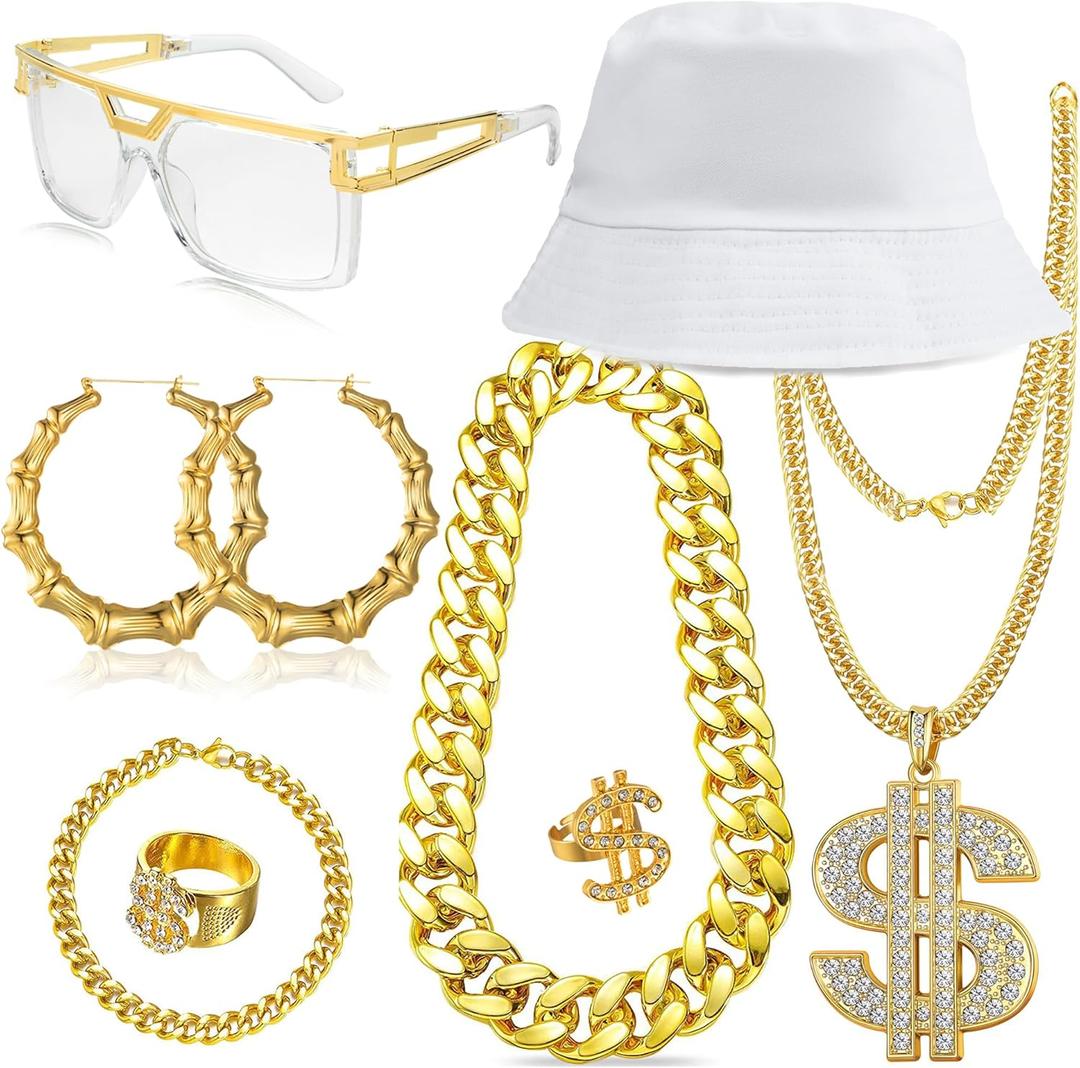 80 90s Accessories Outfit for Woman Hip Hop Costume Kit Old School Rapper Gold Chain Necklaec Big Hoops Jewelry