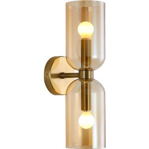 EFINEHOME Minimalist 2-Light Gold Wall Sconces with Cylinder Glass Shades- Mid Century Vanity Wall Double Lights Hardwired- Modern Indoor Glass Wall Mounted Art Decor Lights (Amber, 1 Pack)