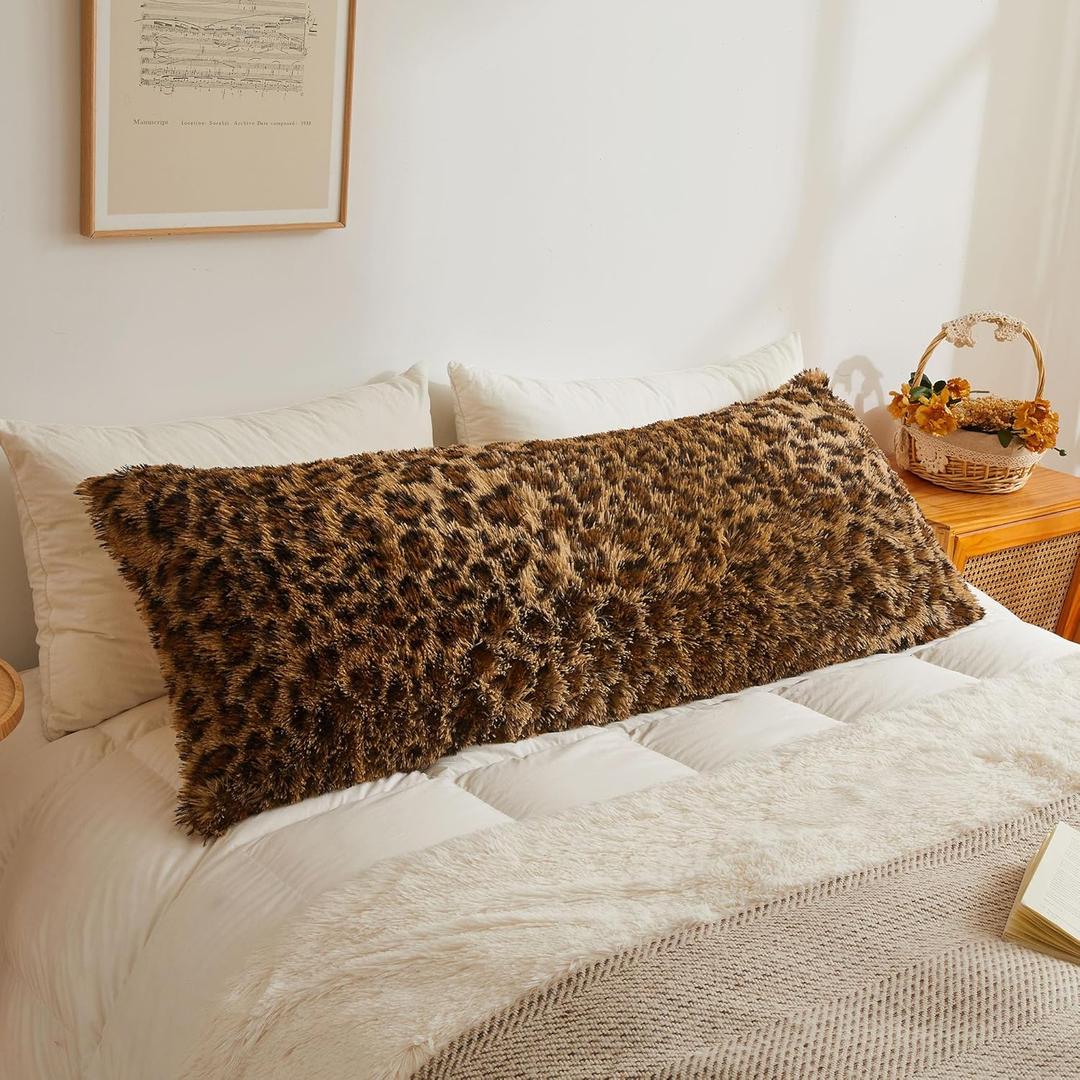 XeGe 20x54 Fluffy Leopard Print Body Pillow Cover, Cheetah Print Plush Fuzzy Faux Fur Body Pillowcase with Zipper, Farmhouse Shaggy Furry Long Pillow Cover for Pregnant Women Side Sleeper, Brown