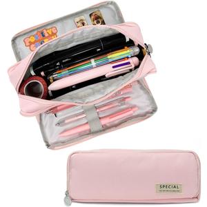 allydrew Large Capacity Pencil Case, 3 Compartment Pencil Pouch for Stationery Pens, Pink