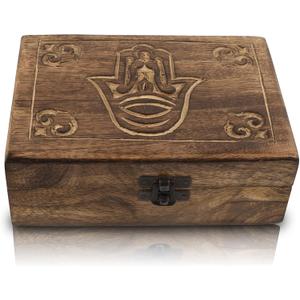 Great Birthday Gifts Handmade Decorative Wooden Jewelry Box Hamsa Hand Carving Jewelry Organizer Keepsake Box Treasure Chest Trinket Holder Watch Box Storage Lock Box 7 x 5 Inches Housewarming Gift