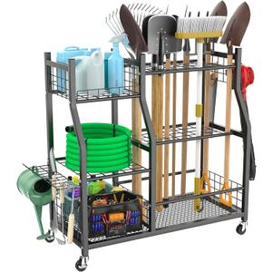 WALMANN Garden Tool Organizer with Wheels for Garage, Large Storage Capacity, Rakes/Shovels/Yard Tools Storage Stand for Shed, Garden, Indoor/Outdoor Long-Handled Tools Rolling Cart