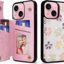 UEEBAI Wallet Case for iPhone 15 with Card Holders, PU Leather Cover Kickstand RFID Blocking Double Magnetic Clasp Rilievo Flower Shockproof Flip Case for Women Girls - White Daisy