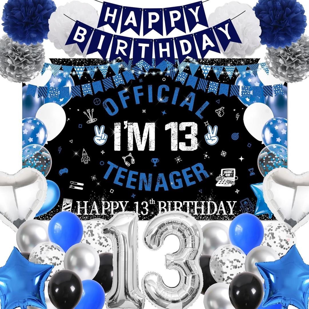 13th Birthday Decorations for Boys - Blue and Black Happy Birthday Banner Teenager Backdrop Number 13 Balloon, Latex Balloons Paper Pompoms for 13 Year Old Teen Party Supplies