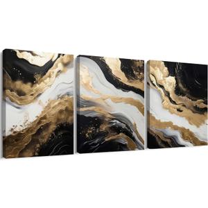 Palette Dreams 3 Piece Framed Black And White Abstract Canvas Wall Art, Black Gold Canvas Black Marble Picture Wall Decor, Modern Gold Foil Art Poster Print for Living Room Bedroom Bathroom 12x16 Inch