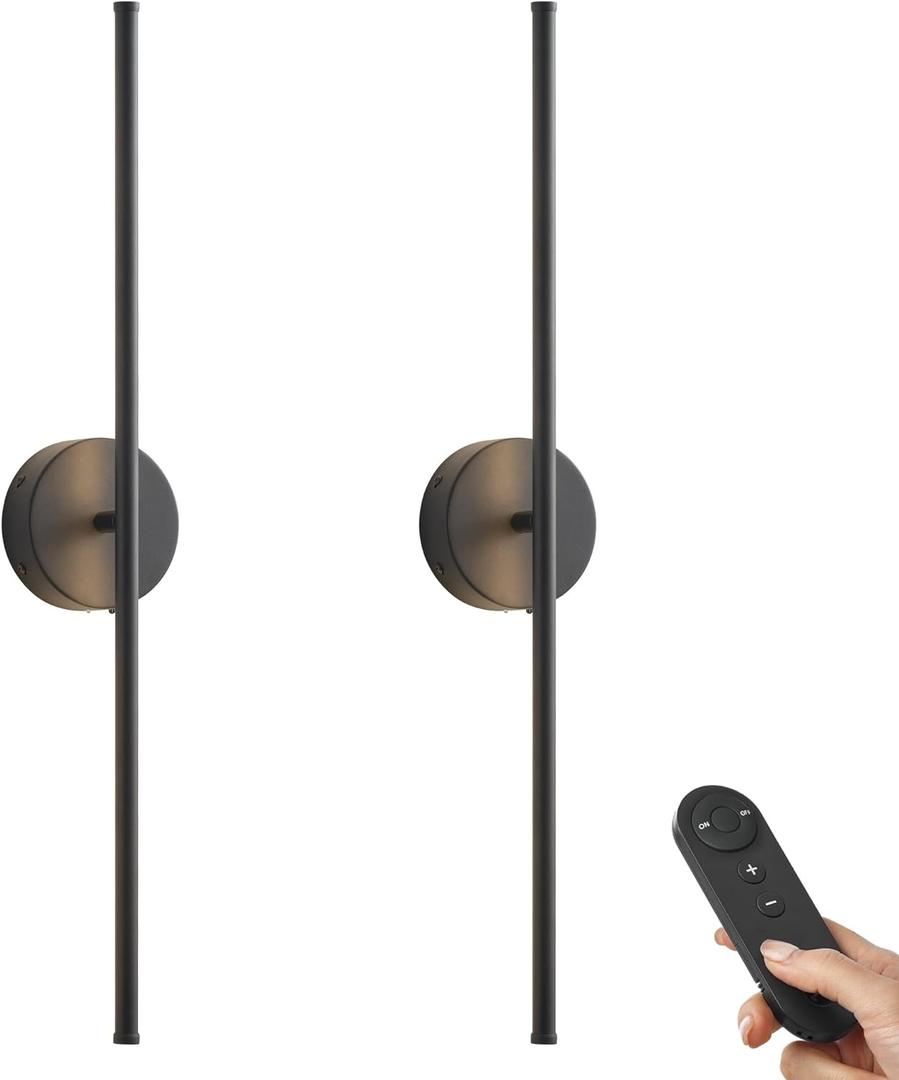 Battery Operated Wall Sconces with Remote Control, Dimmable Wall Sconces Set of Two, 350Rotate, 3000K LED Black Wireless Wall Light for Living Room, Bedroom,Hallway, 28.3 Inch (2 Pack) (28.3 Inches)