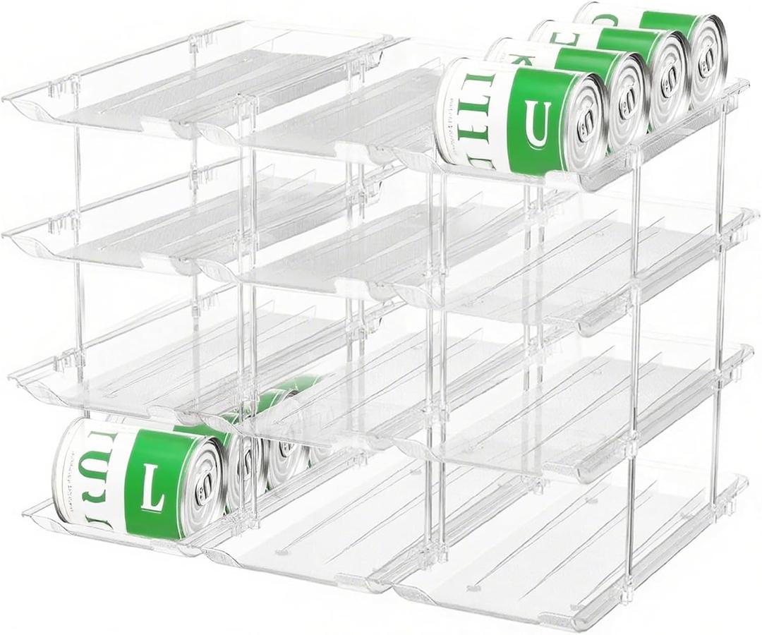 Can Organizer For Pantry,3 Sets 4 Tiers Pantry Organizers And Storage, Pantry Organizer for Fridge 36 Standard and Tall Cans Rack Automatic Rolling Stackable Canned Food Organizer, Clear