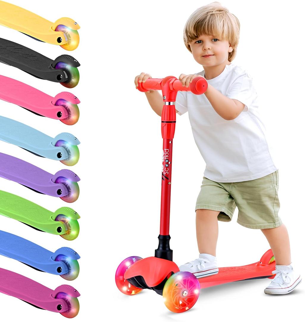 Hurtle Mini Kickboard 3 Wheel Scooter for Kids Ages 2-5 - Lean-to-Steer Toddler Scooter with Light-up LED Wheels, Adjustable Height & Rear Foot Brake for Boys. & Girls, Anti-Slip, Indoor/Outdoor
