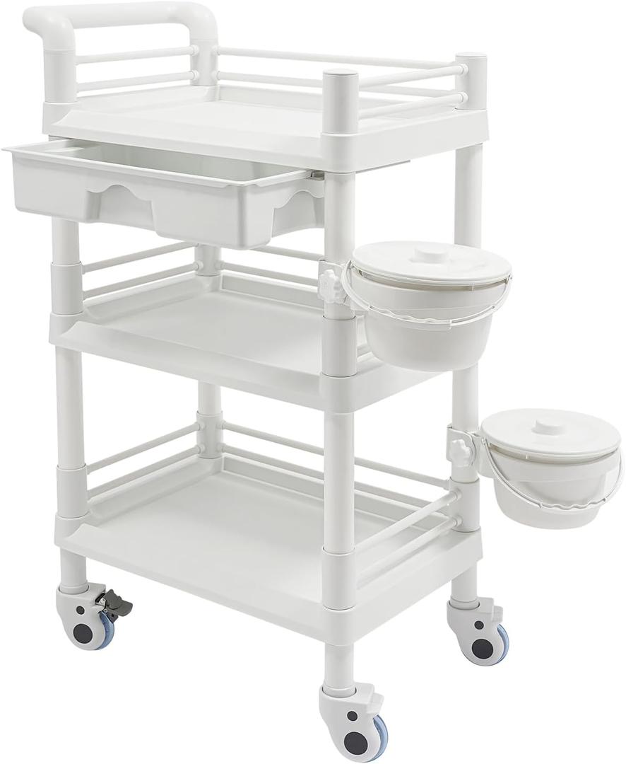3-Tier Mobile Storage Cart with Drawer & 2 Garbage Baskets - Movable Beauty Organizer for Salon, Spa, Clinic - Sturdy ABS Material, 176lbs Load Capacity, Modern Design (White) (White)