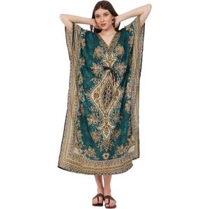Divine threads -- Women's Kaftan Floral Print/Beach Cover Up/Plus Size V-Neck Loose Kimono Maxi Dress (Green), Size: Plus