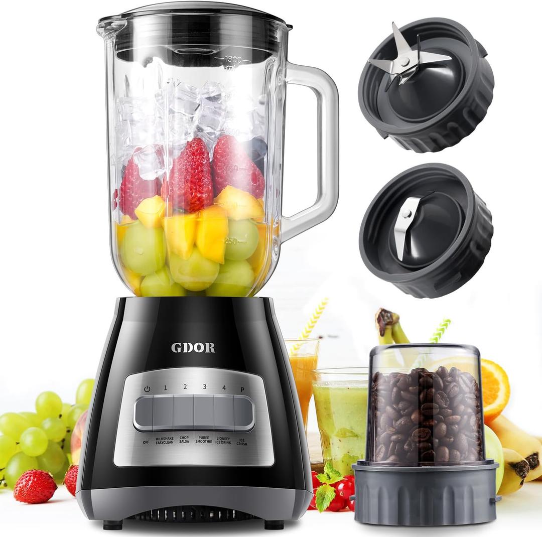 GDOR Blender, 52 Oz Glass Jar, Multi-Function Kitchen Blender & Grinder Combo, 9 Functions with Shakes, Puree, Crush Ice, and Chop, Max 700W, Self Cleaning