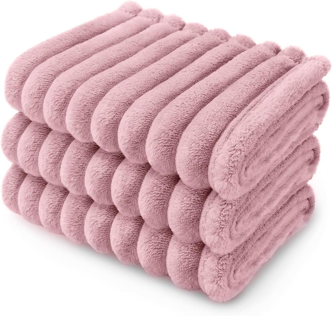 LINENLUX 1 Pack 3 Soft Fleece Dog Blanket for Pet Washable Warm Cat Puppy Fluffy Calming Flannel Pink Medium