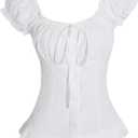 SOLY HUX Women's Frill Trim Button Down Shirts Tie Front Puff Sleeve Ruffle Blouse Tops (White, L)