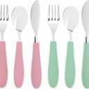 Elk and Friends Kids Silverware with Silicone Handle | Childrens Safe Flatware | Kids Utensils | Spoon + Fork + Knife set | 4 years+ | 6 Pieces (Blush/Sage)