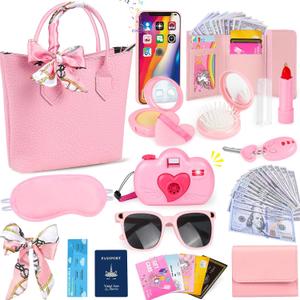 HUUIDY Play Purse for Little Girls, Toddler Travel Purse with Accessories, Pretend Play Toys Including Handbag, Camera, Phone, Wallet, Fake Makeup, Birthday Christmas Gifts for Girls Ages 3+